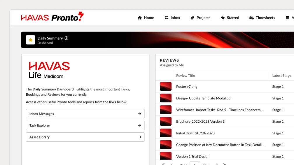 The redesigned Pronto dashboard with reviews, projects, tasks and resource booking widgets
