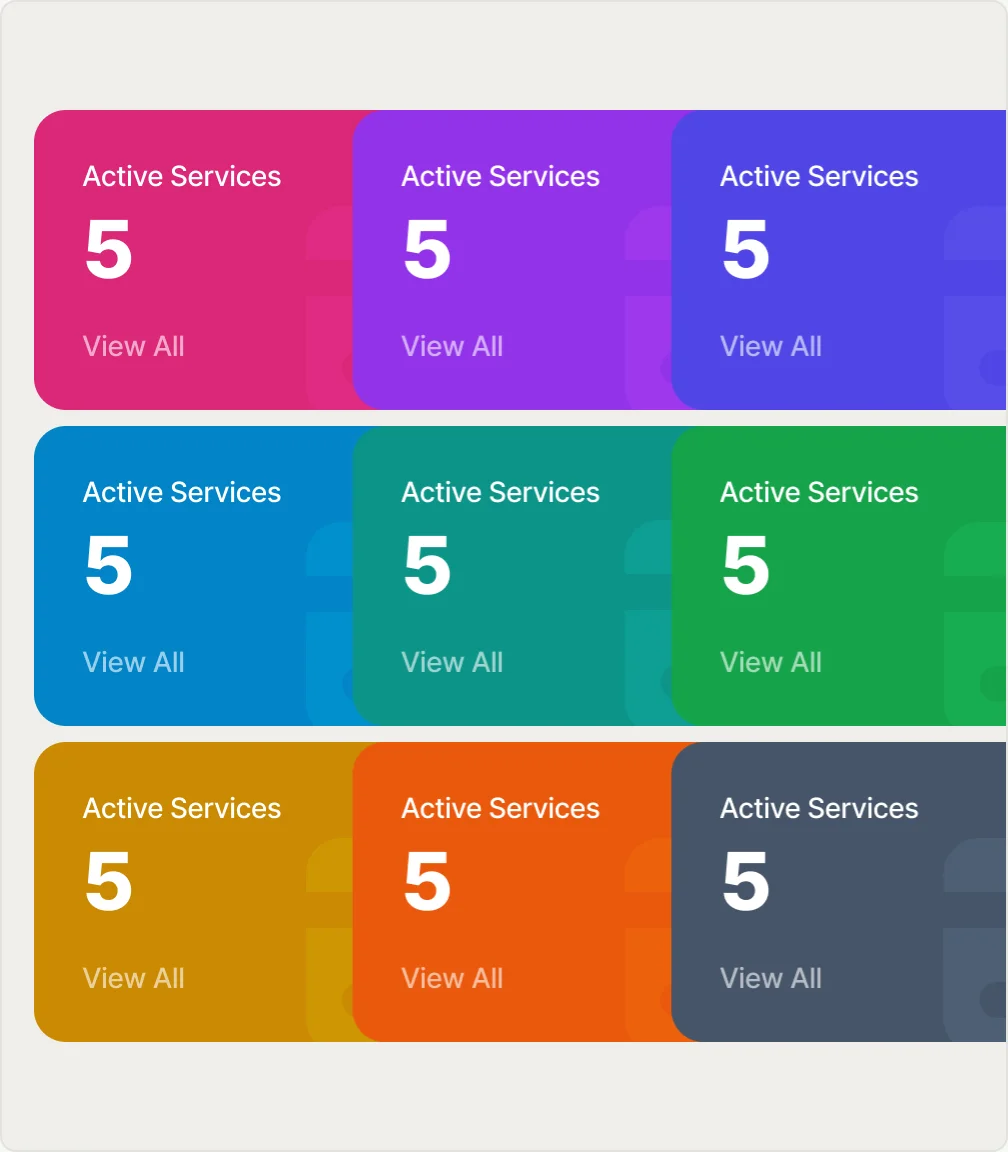 One Active Services card rendered in nine brand colour schemes