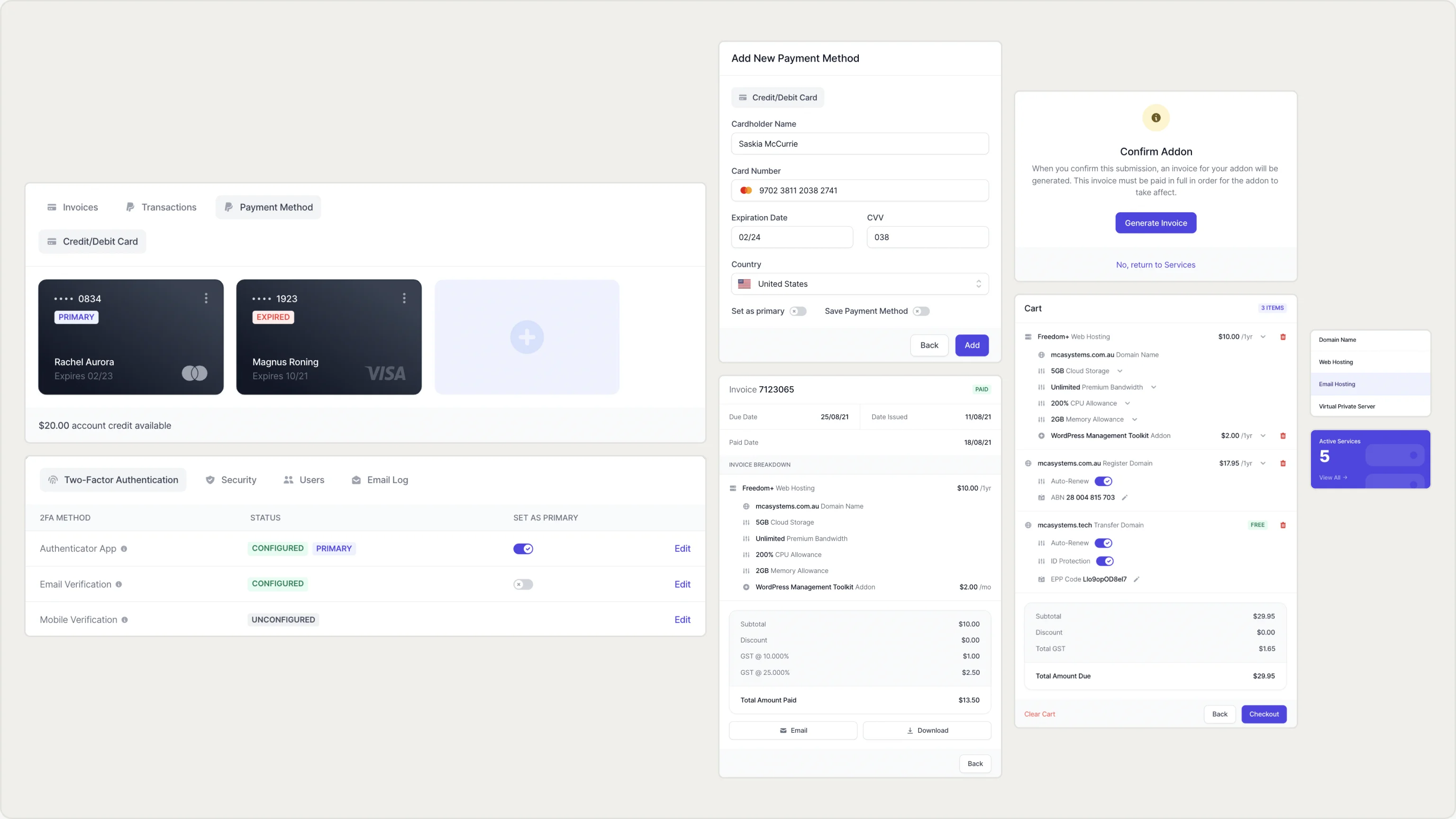 High-fidelity payment, invoice, cart and two-factor authentication components