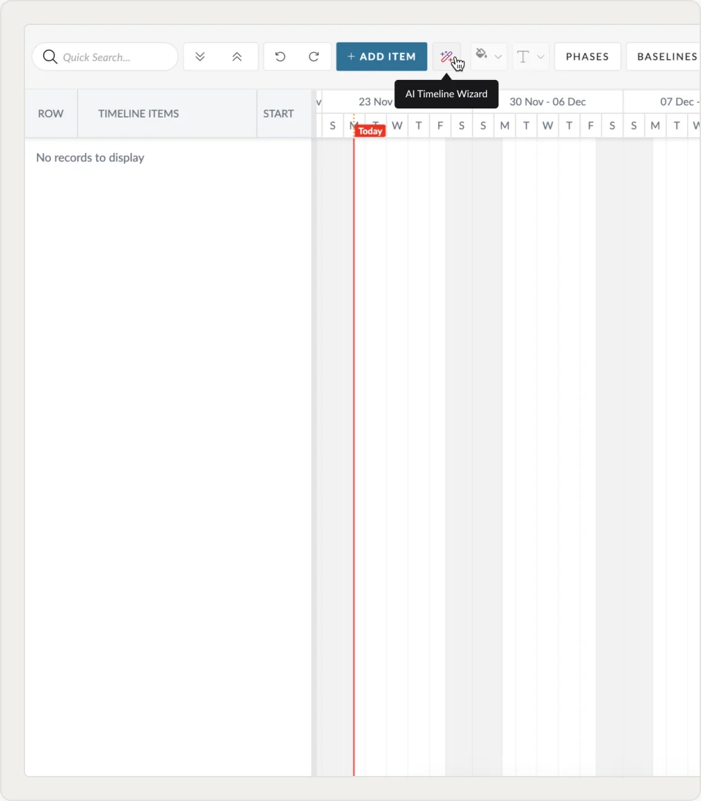 AI Timeline Wizard button in the timeline control panel next to the primary action