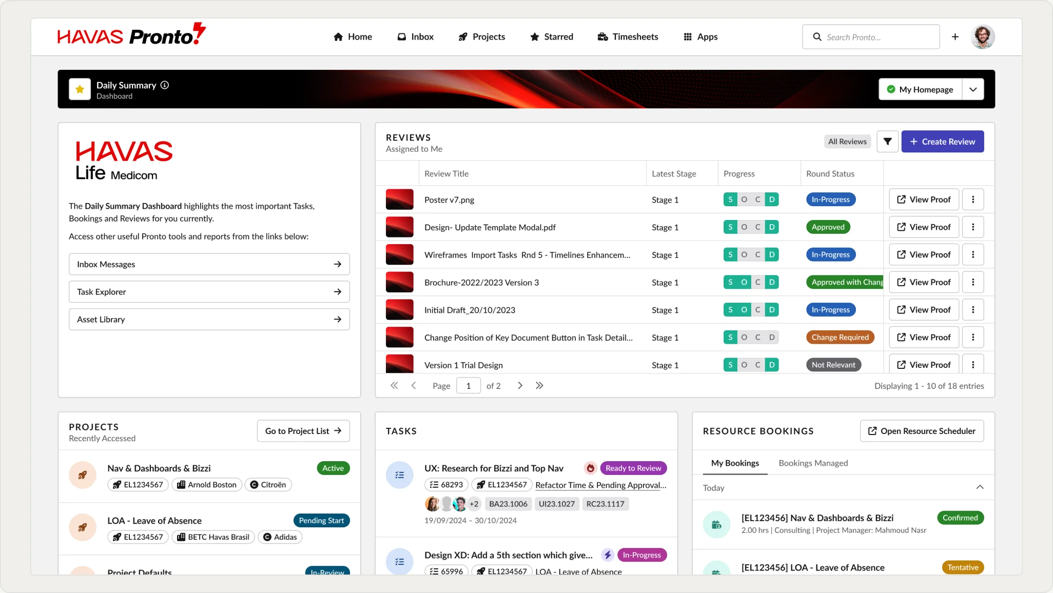 The redesigned Pronto dashboard with reviews, projects, tasks and resource booking widgets