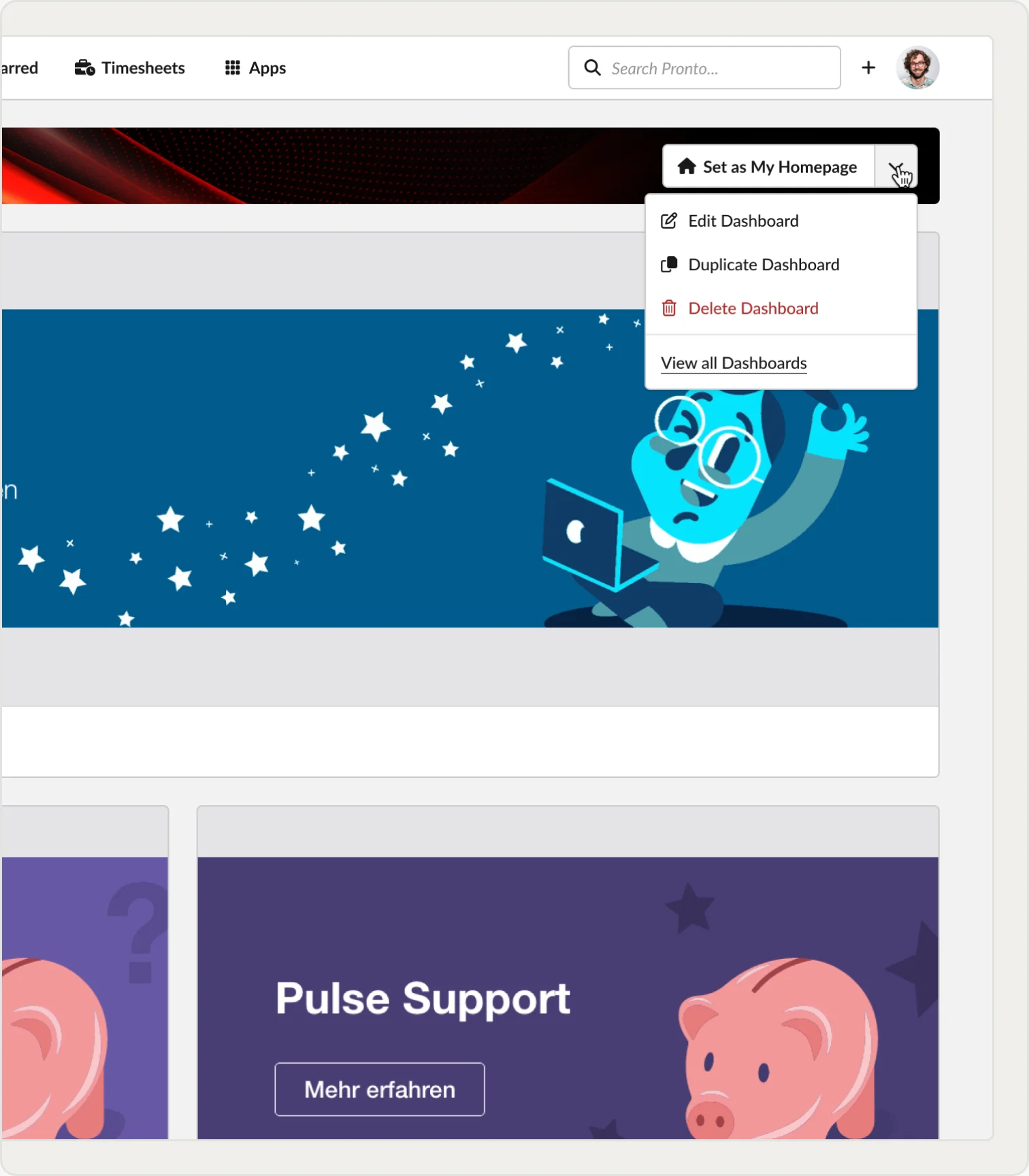 Homepage menu with Set as My Homepage, Edit, Duplicate and Delete Dashboard
