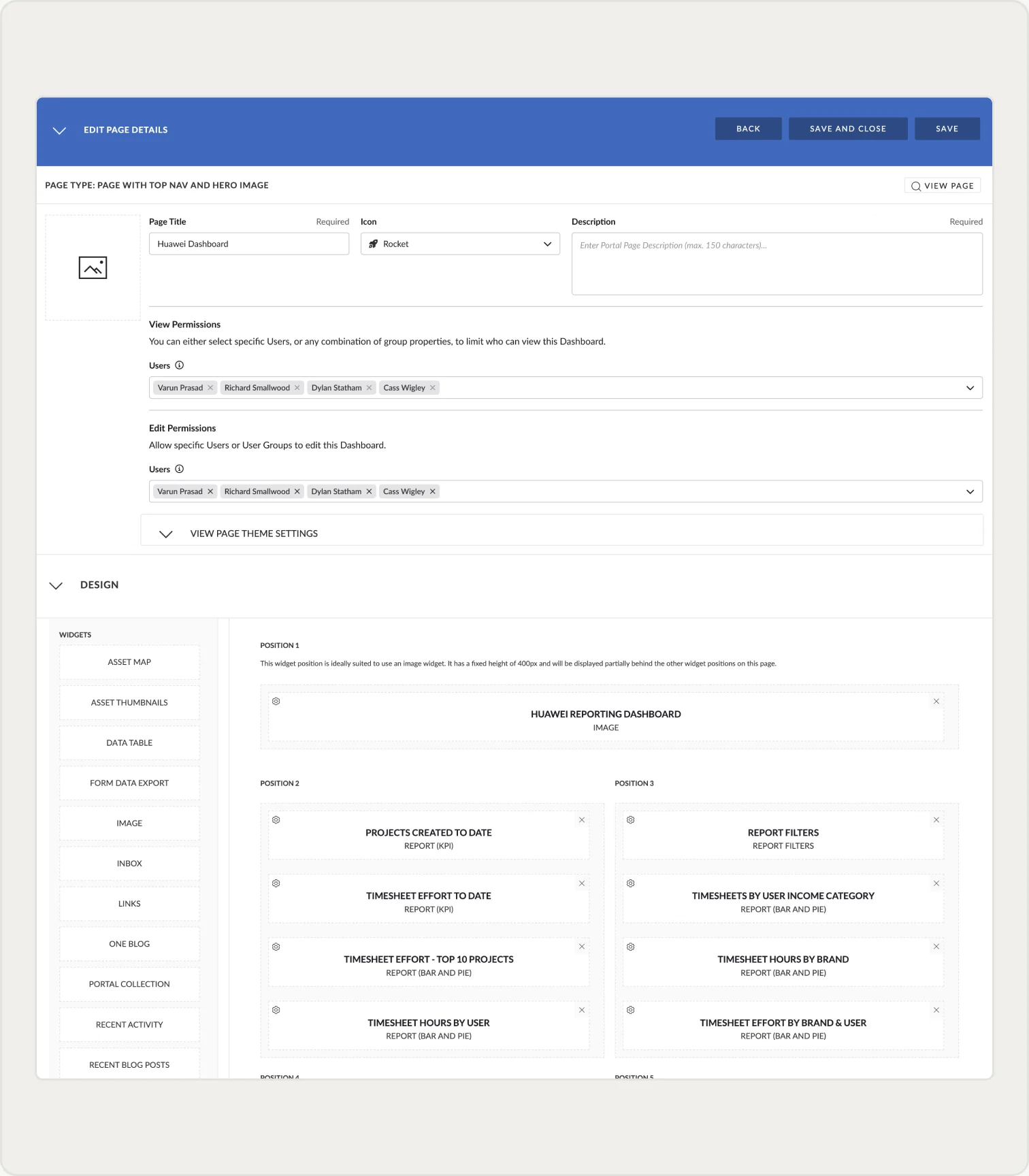 Dashboard editor with view and edit permissions and widget grid positions
