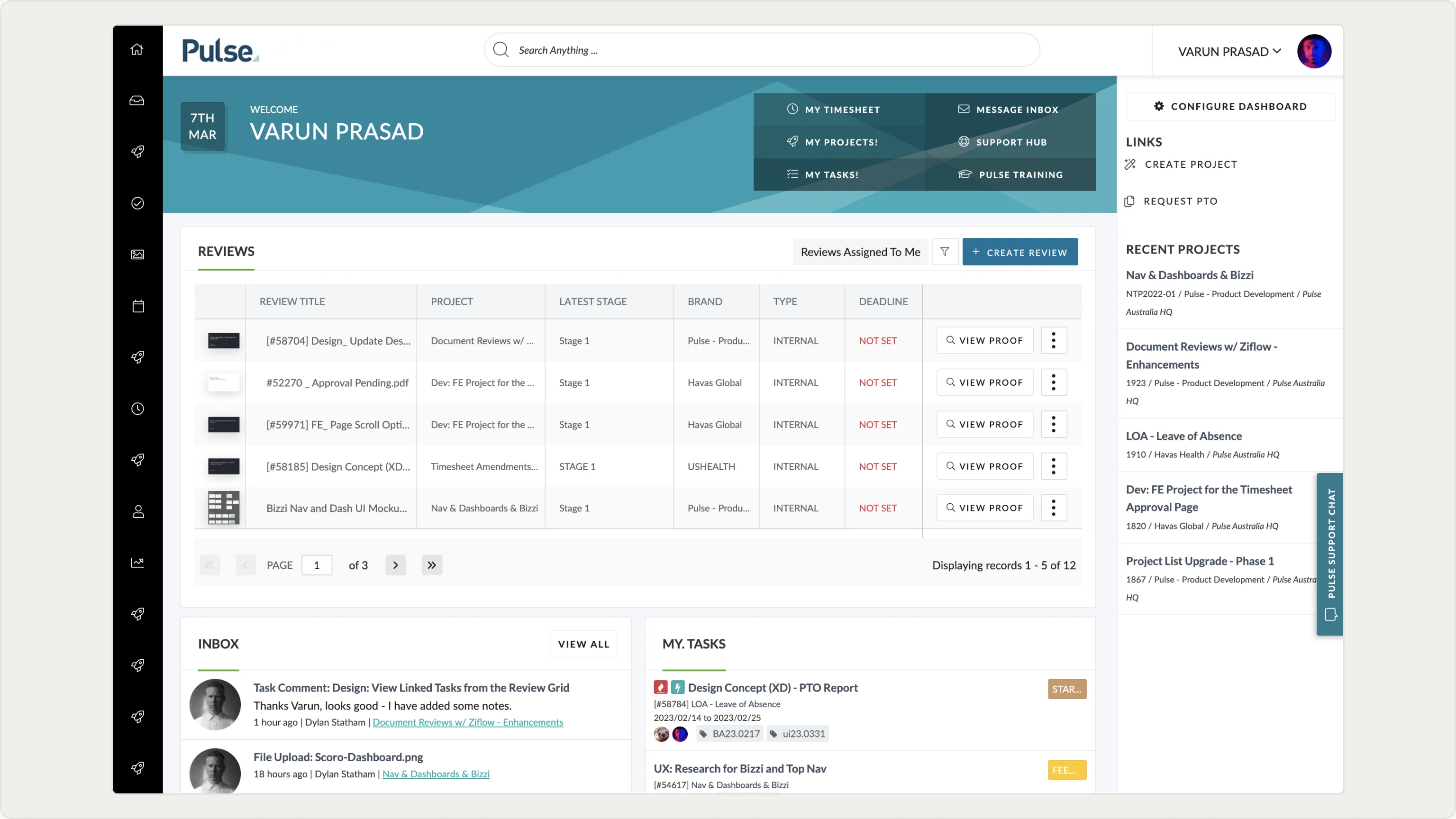 The original Pulse dashboard with a fixed layout of reviews, inbox and task widgets