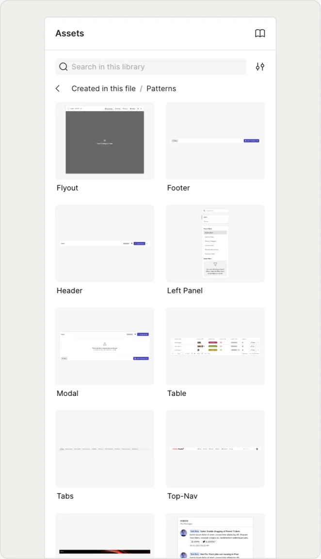 The Assets panel showing the published pattern library