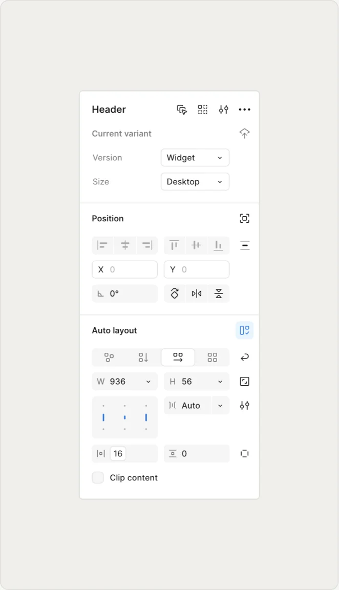 Variant controls for a component in Figma's right-side panel
