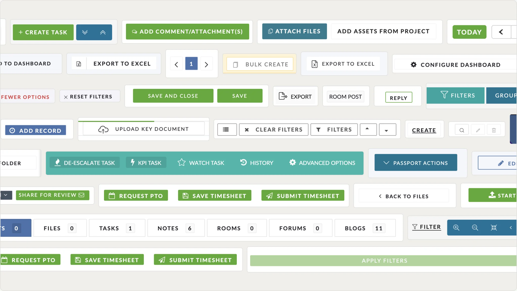 Dozens of inconsistent action buttons collected from across the live product