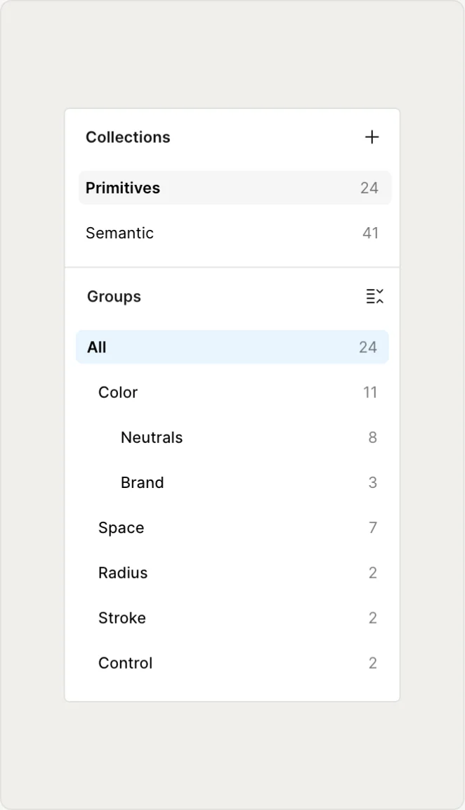 Figma Variables panel with collections split into Primitives and Semantics