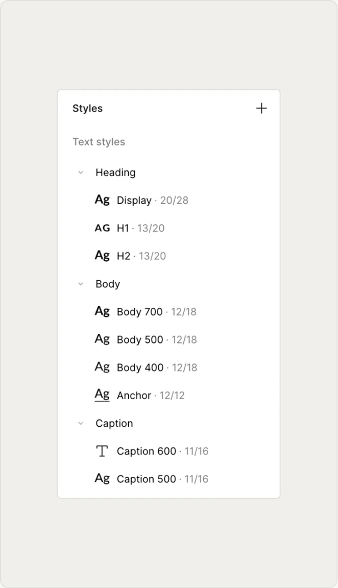 Text styles panel showing the single type scale
